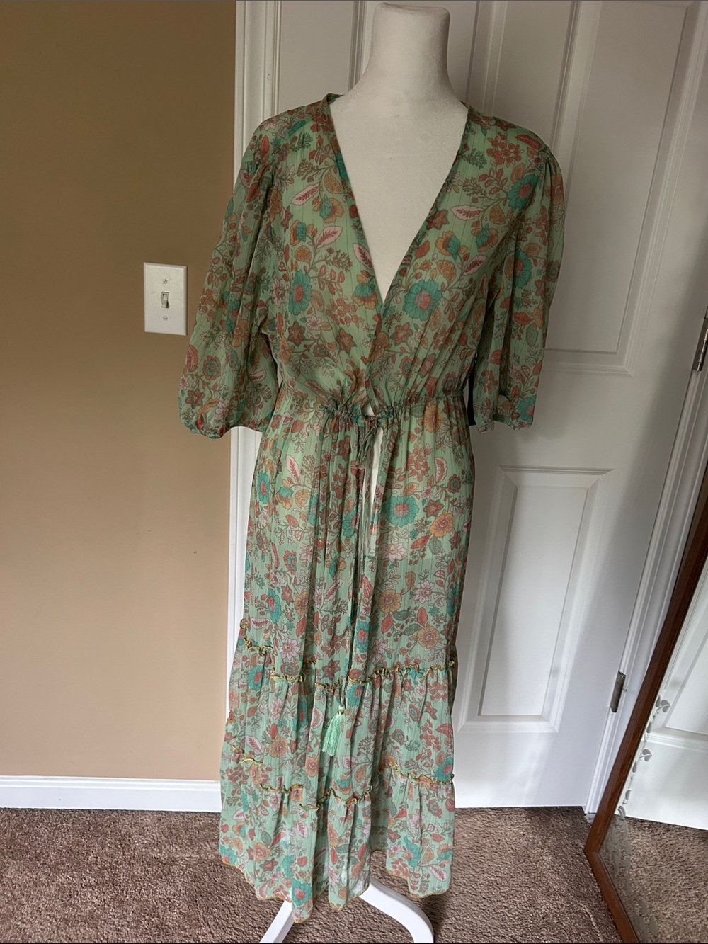 Floral Green Tie Front Sheer Boho Maxi Dress with Tie Waist